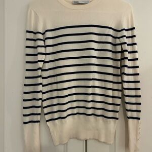 Zara Women’s Cream and Navy Striped Sweater